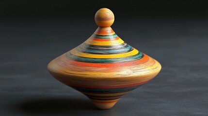 Colorful wooden spinning top on dark background.
