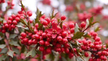 Obraz premium A close-up of vibrant red berries and flowers on a leafy branch.