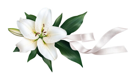 White lily with ribbon, mourning concept, graceful flower arrangement, cut out transparent