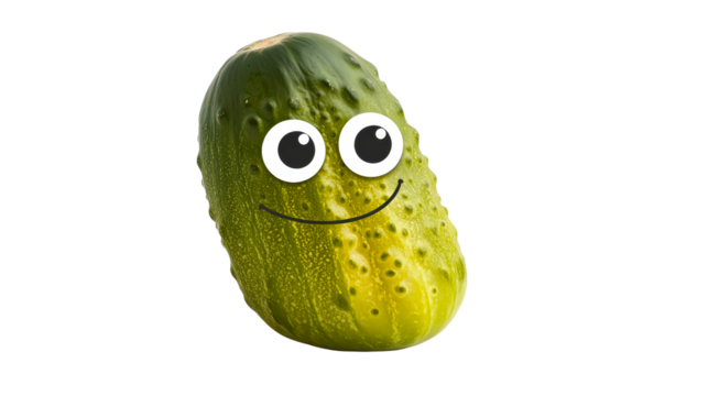 Humorous cucumber vegetable with happy cartoon face, cut out transparent