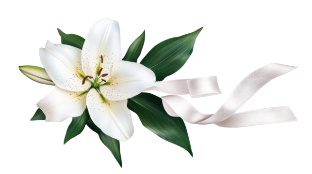 White lily with ribbon, mourning concept, graceful flower arrangement, cut out transparent