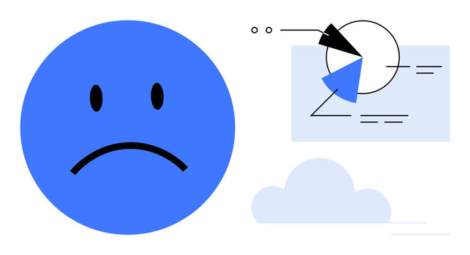 Blue sad face conveys dissatisfaction, paired with pie chart analytics and a soft cloud element. Ideal for emotions, challenges, analysis, failure, productivity, feedback abstract connection. Flat