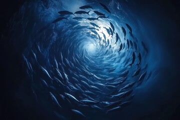 Oceanic fish school swirling, underwater light, deep sea background, nature documentary