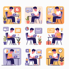 vector young man playing laptop 