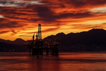 Obraz premium Offshore oil rig at sunset, mountains backdrop, city lights