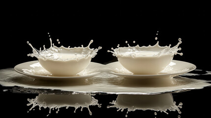 A conceptual studio photo showing two tumblers of milk clinking together, liquid splashing outward in symmetrical arcs, pristine background