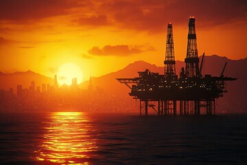 Obraz premium Offshore oil rig sunset cityscape