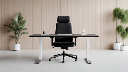 Fototapeta premium Modern minimalist workspace with adjustable standing desk and ergonomic chair