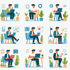 vector young man playing laptop 