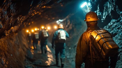Fototapeta premium Miners descend into the earth illuminated by headlamps in a deep tunnel