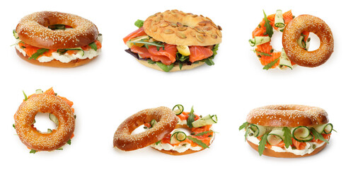 Different bagels with salmon isolated on white, set