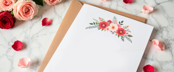 Elegant wedding program on marble surface with rose petals, romance