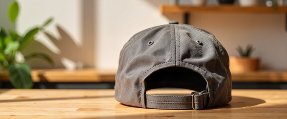 Back view of cap on wooden table with soft lighting, product showcase