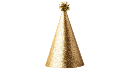 Shiny golden party hat with pompom on black, cut out transparent
