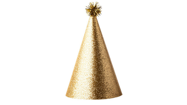 Shiny golden party hat with pompom on black, cut out transparent