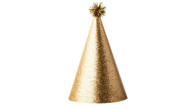 Shiny golden party hat with pompom on black, cut out transparent