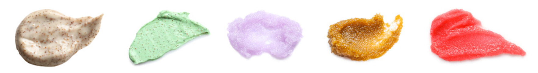 Different samples of natural scrubs on white background, set