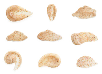 Samples of natural scrub on white background, set. Top view