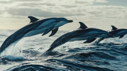 Obraz premium Dynamic pod of dolphins leaping through the waves with sunlit water scenery