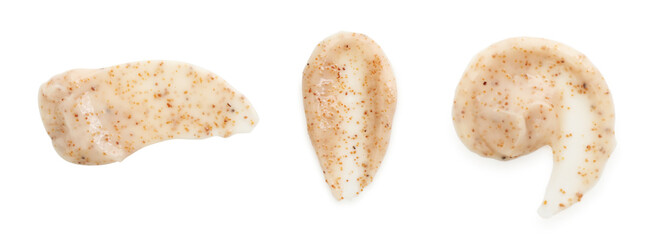 Samples of natural scrub on white background, set. Top view
