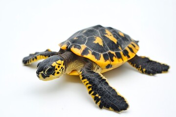 Obraz premium Hawksbill Sea Turtle Crawling on a White Background Looking at Camera