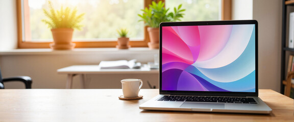 Abstract laptop design on desk in bright office, professional ambiance