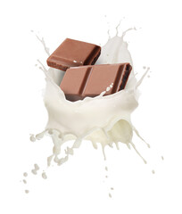 Yummy chocolate pieces and splashes of milk in air on white background