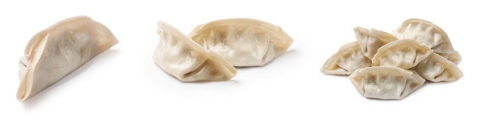 Set of uncooked gyoza on white background