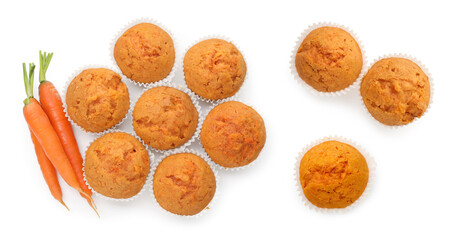 Yummy carrot muffins isolated on white, set. Top view