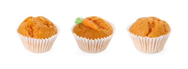 Yummy carrot muffins isolated on white, set