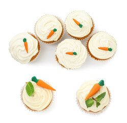 Yummy carrot cupcakes isolated on white, set. Top view