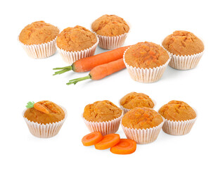 Yummy carrot muffins isolated on white, set