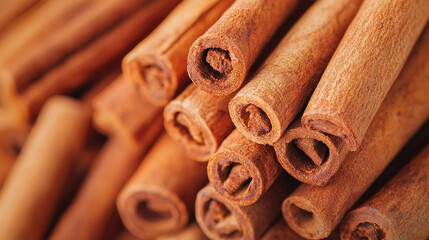 pile of cinnamon sticks, showcasing their textured surfaces and natural color, representing warmth, flavor, and the aromatic qualities of this popular spice