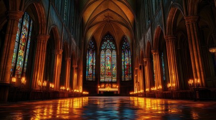 Majestic interior view of gothic cathedral with vibrant stained glass windows