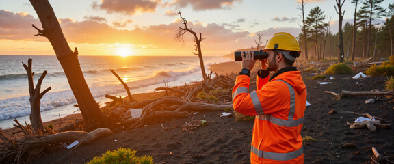 Rescue worker observing coastline at sunrise, post-hurricane recovery