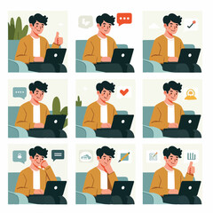 vector young man playing laptop 