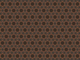 a repeating geometric pattern with a mix of hexagons, circles, and stars in shades of brown and orange. It has a vintage, almost tile-like appearance.