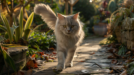 Fototapeta premium Fluffy White Cat Walking Slowly on Stone Garden Path