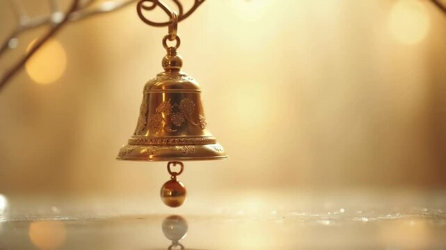 Golden bell reflecting light against a blurred warm background  