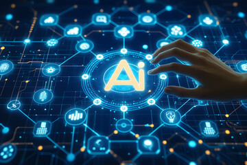 Artificial Intelligence Concept: Hand Interacting with AI Digital Interface,A futuristic digital interface featuring a glowing 'AI' symbol at the center, surrounded by interconnected technology icons.
