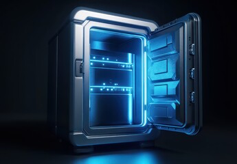 Open futuristic server safe, data security, dark background, tech concept