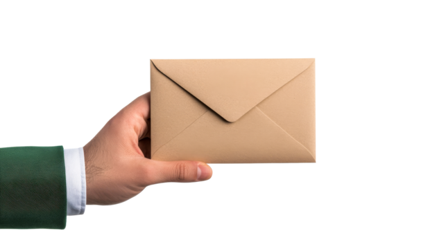 Man hands envelope. Green coat and white shirt, cut out transparent - Powered by Adobe