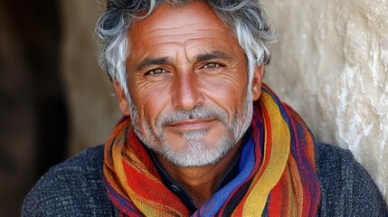 Portrait of a mature man with silver hair and colorful scarf