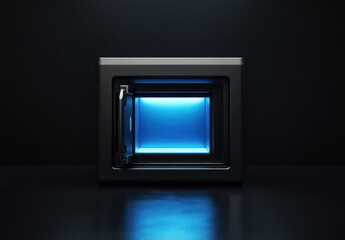 Fototapeta premium Open safe, blue light, dark room, security concept