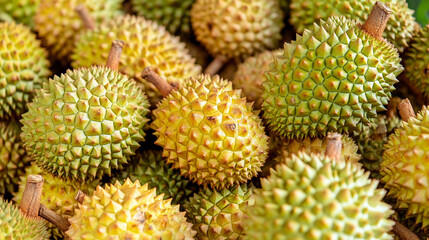 pile of durian fruits with spiky skin, symbolizing the exotic and bold nature of tropical produce. Known for their strong odor, these fruits evoke a sense of daring culinary exploration