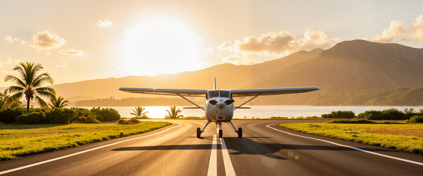 Small plane landing on tropical island airstrip at sunset, travel adventure