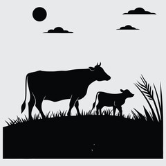 A  cow and calf standing in a meadow image silhouette design vector art and illustration