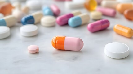 Vibrant assortment of various pills and capsules scattered on a marble surface in a soft, natural light setting