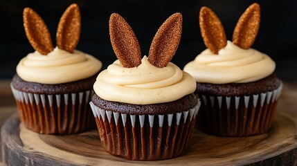 Three chocolate cupcakes with cream cheese frosting and bunny ear sprinkles.