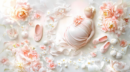 Gentle pastel hues envelop a blooming floral pregnancy belly, surrounded by delicate baby shoes and tender toys. Whispering Gestation. Illustration